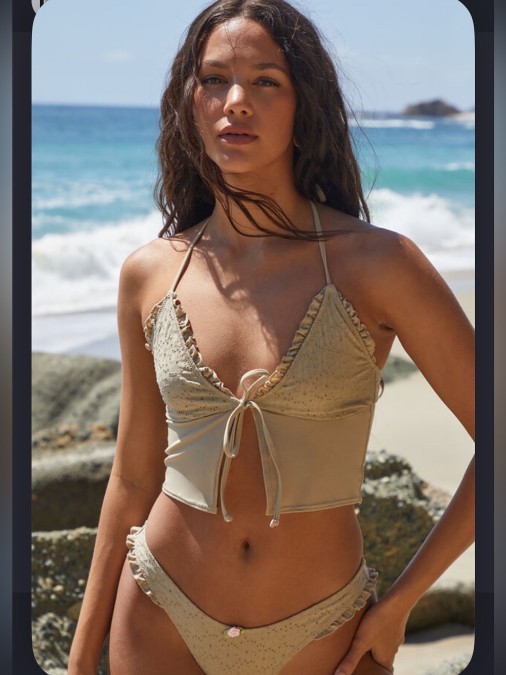 PacSun Beige Ruffle Tie-Front Bikini Top and Bottom - Women Swim